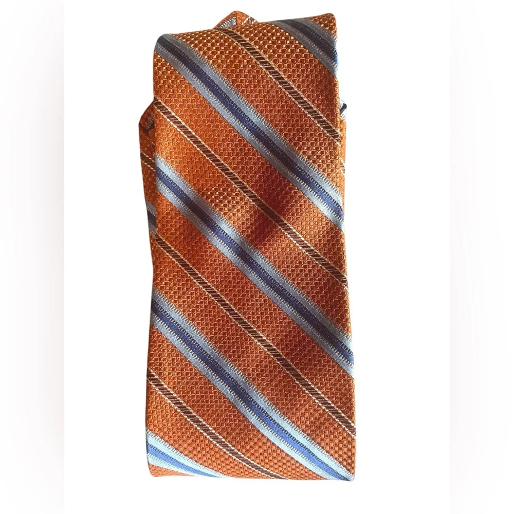Jos A Bank 100% Silk Orange Blue Stripe Tie Made in Italy 59”